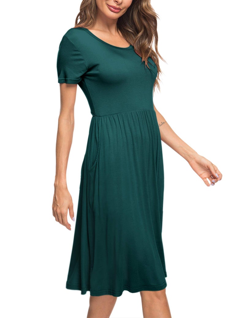 AUSELILY Women's Short Sleeve Empire Waist Dress Pleated Loose Swing Knee Length Dresses with Pockets 2026 New Dark Green L - Image 4